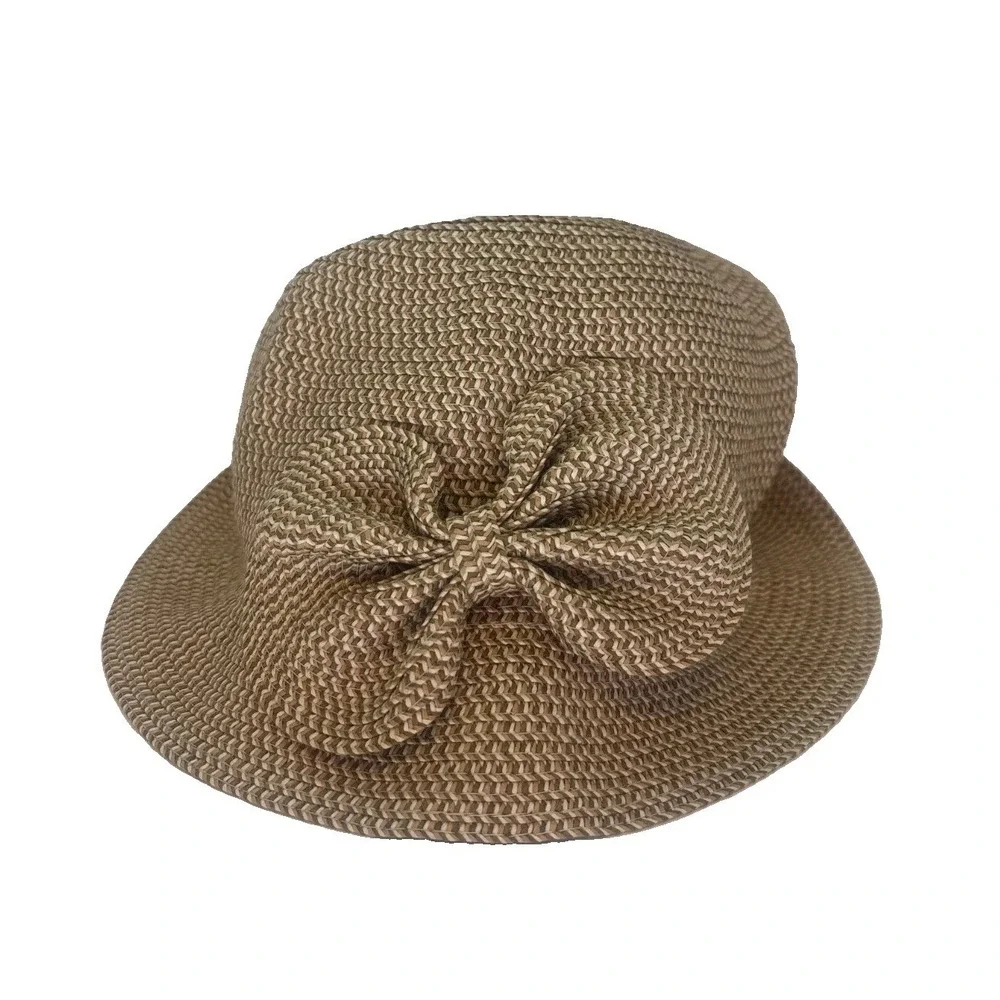 D&Y Tan Woven Paper Straw Cloche Hat with Side Bow Detail Vintage Style Sun Hat
